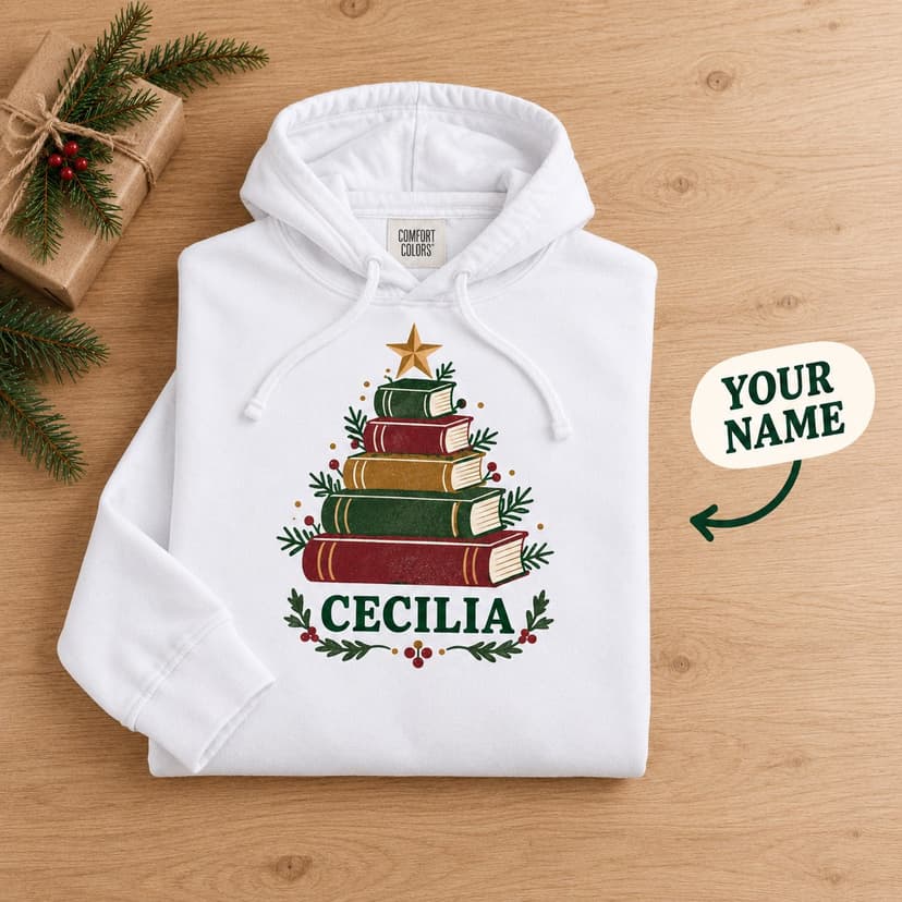 Personalized Christmas Book Lover Lightweight Hoodie with Custom Name, Festive book tree Gift