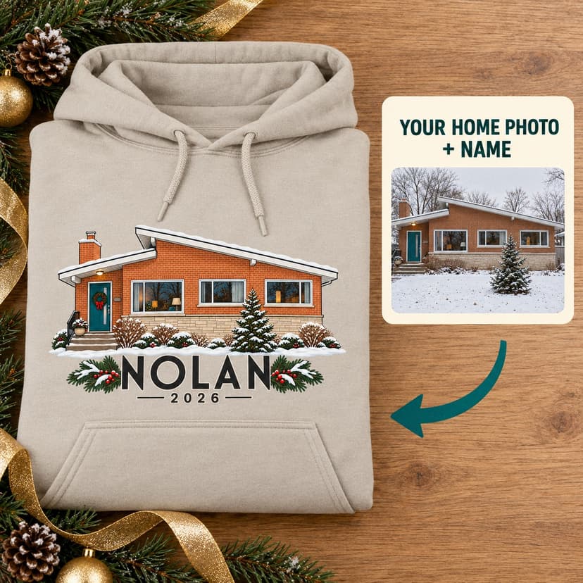 Personalized Christmas Home Portrait Hoodie, Custom Winter House Photo Gift