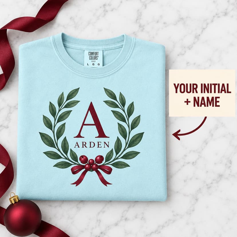 Personalized Christmas Winter Laurel Monogram Tee, Custom Initial and Name Botanical Gift