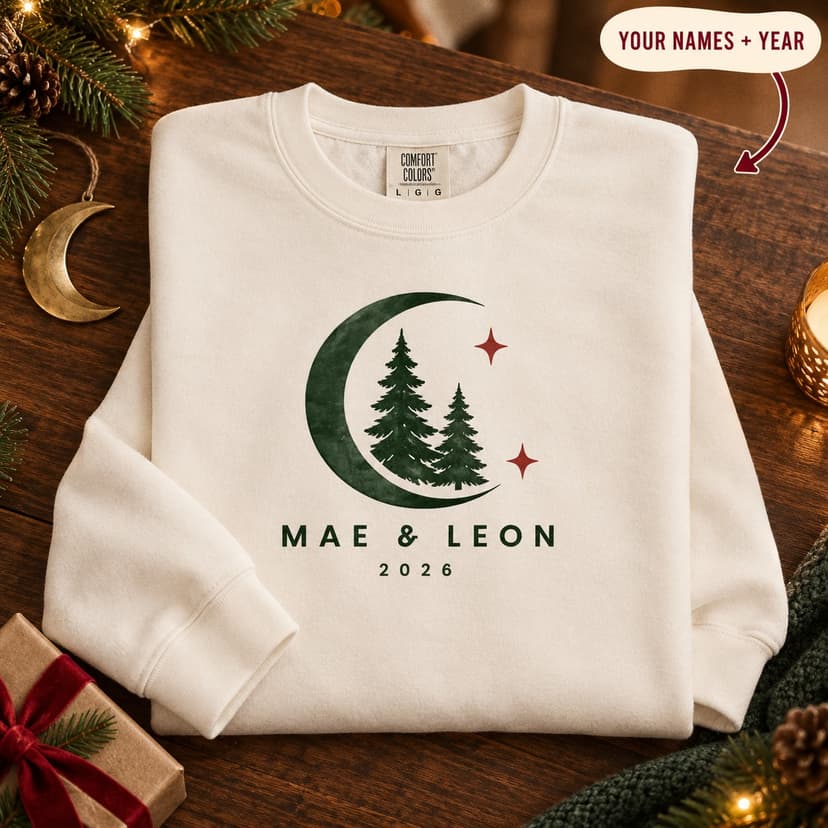 Personalized Winter Moon Christmas Sweatshirt, Couple Names and Year, Newlywed Gift, Comfort Colors 1566