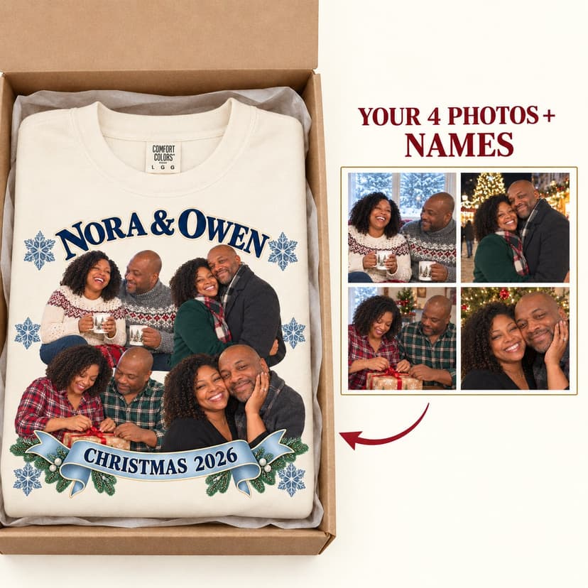 Personalized Christmas Couple Photo Collage Crewneck Sweatshirt, Custom Names Holiday Gift