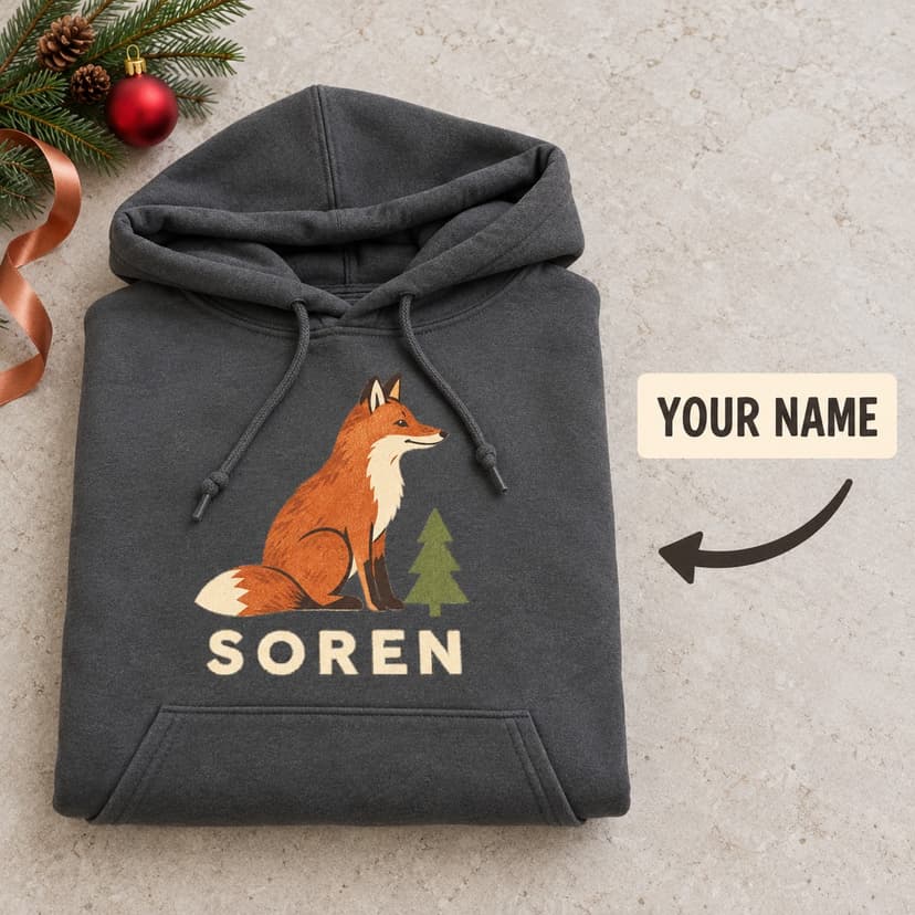 Personalized Christmas Fox Hoodie, Custom Name Winter Wildlife Gift
