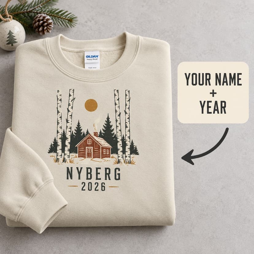 Personalized Nordic Cabin Christmas Sweatshirt, Custom Family Name Winter Forest Gift
