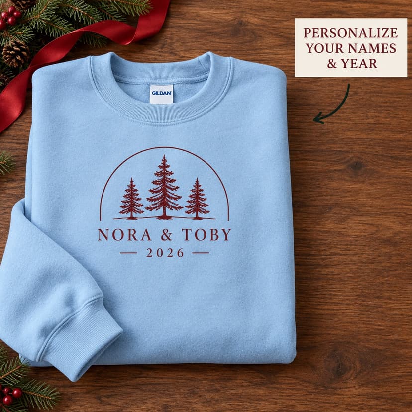 Personalized First Christmas Sweatshirt, Evergreen Arch Newlywed Names, Newlywed Couple Names and Year Gift