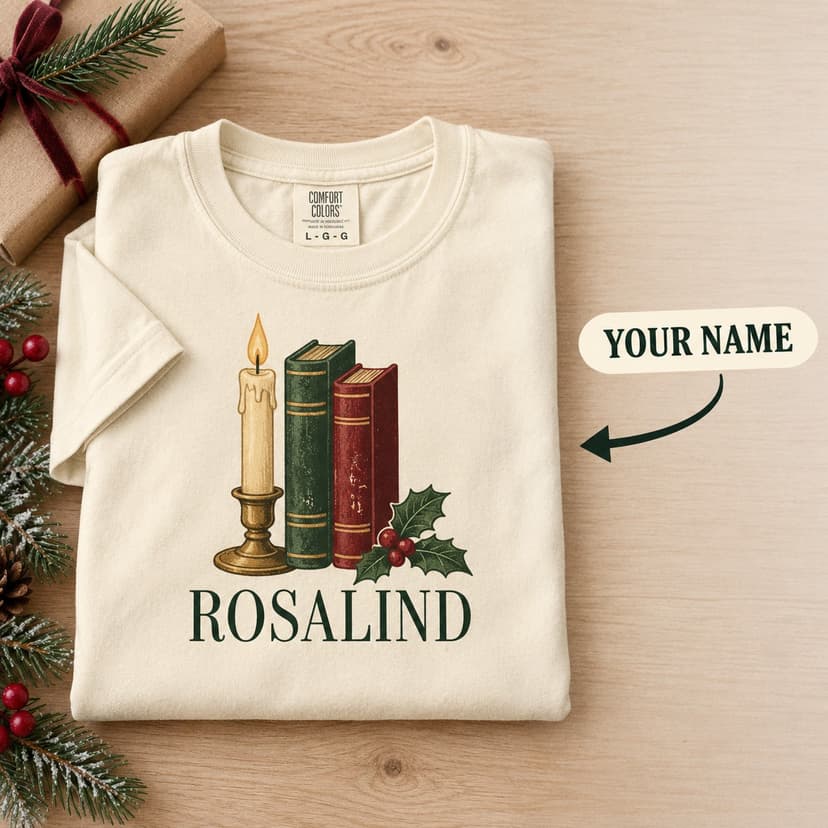 Personalized Christmas Book Lover Tee with Custom Name, Christmas reading candle Gift