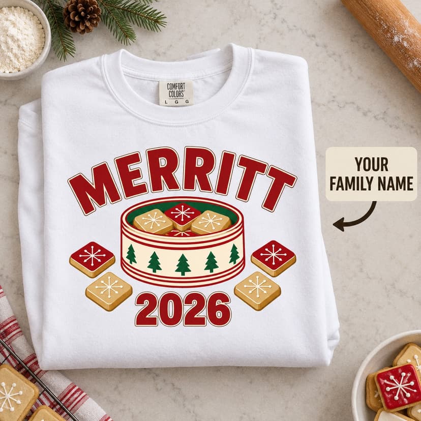 Personalized Christmas Cookie Sweatshirt, Festive Biscuit Tin, Custom Family Name and Year