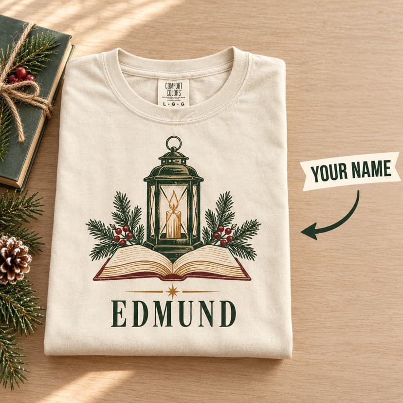 Personalized Christmas Book Lover Tee with Custom Name, Winter literary lantern Gift
