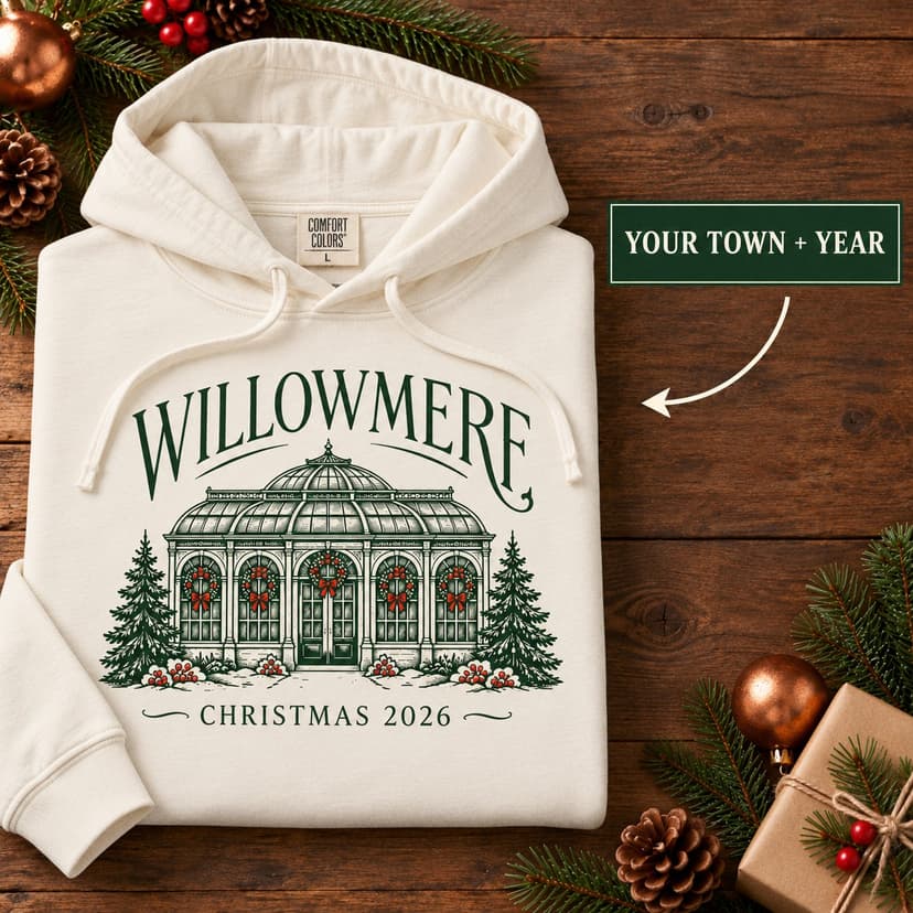 Personalized Christmas Conservatory Hoodie, Custom Hometown and Year, Botanical Architecture Gift