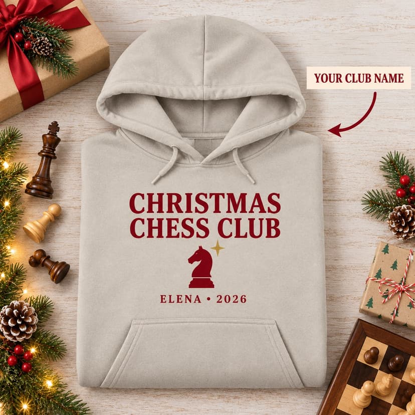Personalized Chess Club Christmas Hoodie, Custom Club Name and Year, Chess Knight Holiday Gift, Gildan 18500