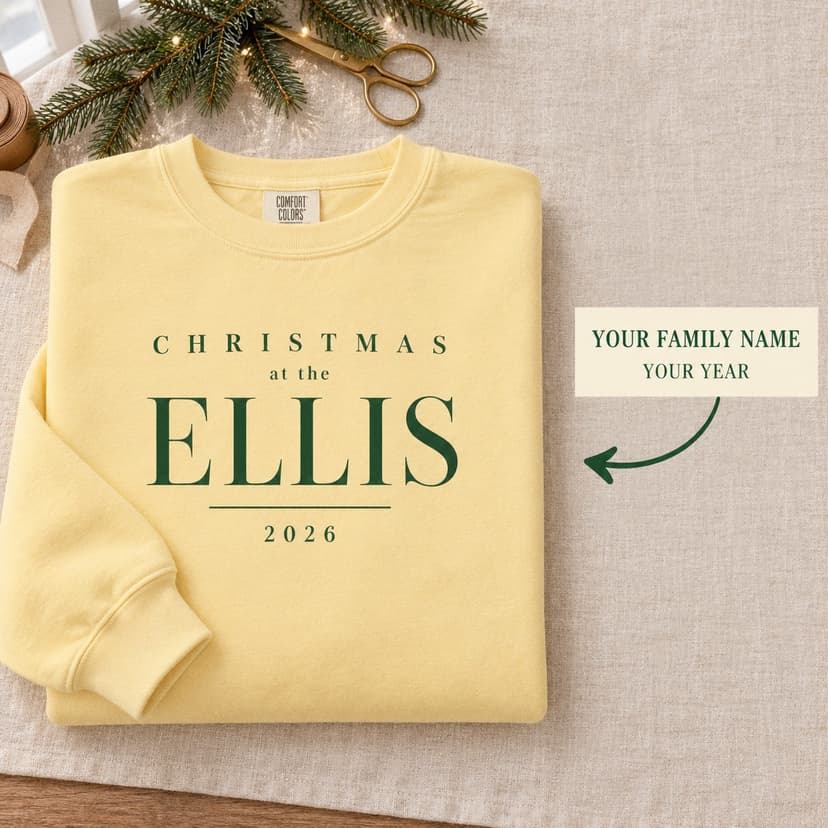 Personalized Family Christmas Sweatshirt, Custom Name and Year, Minimal Serif Holiday Crewneck, Comfort Colors 1566