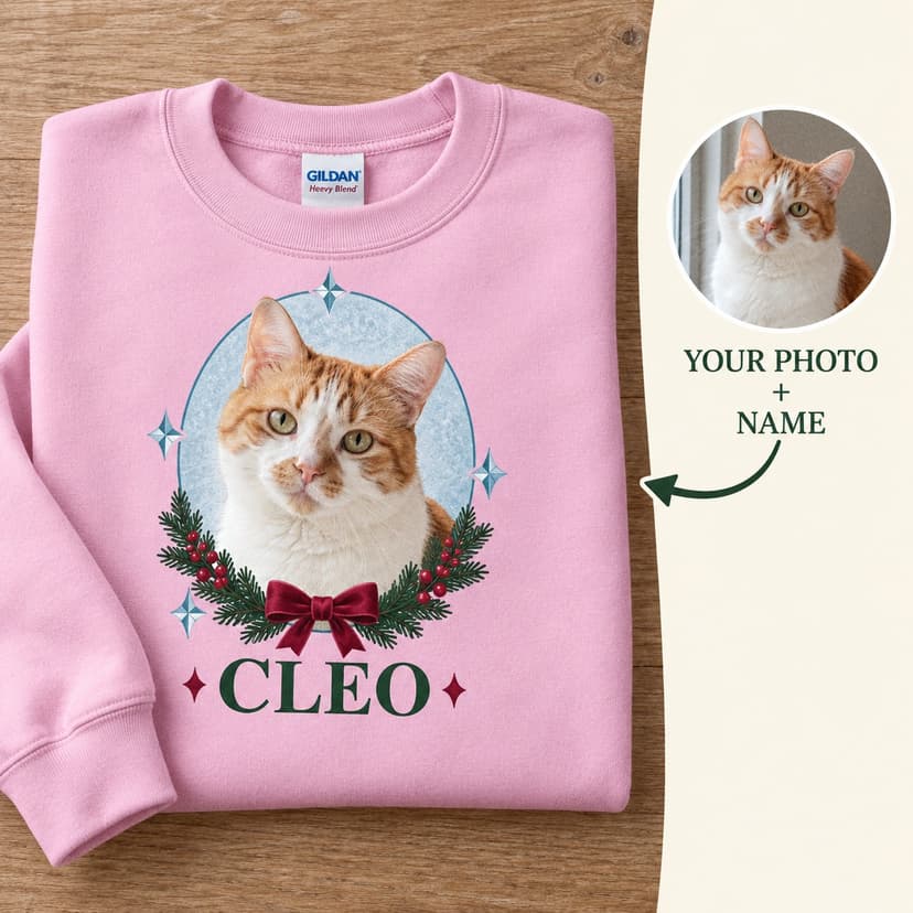 Personalized Christmas Pet Portrait Sweatshirt, Custom Pet Photo and Name, Crystal Oval Holiday Gift