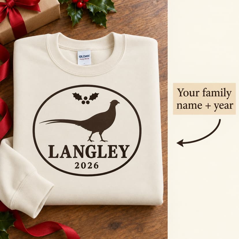 Personalized Christmas Woodland Pheasant Sweatshirt, Custom Family Name Year, Forest Crest Holiday Gift