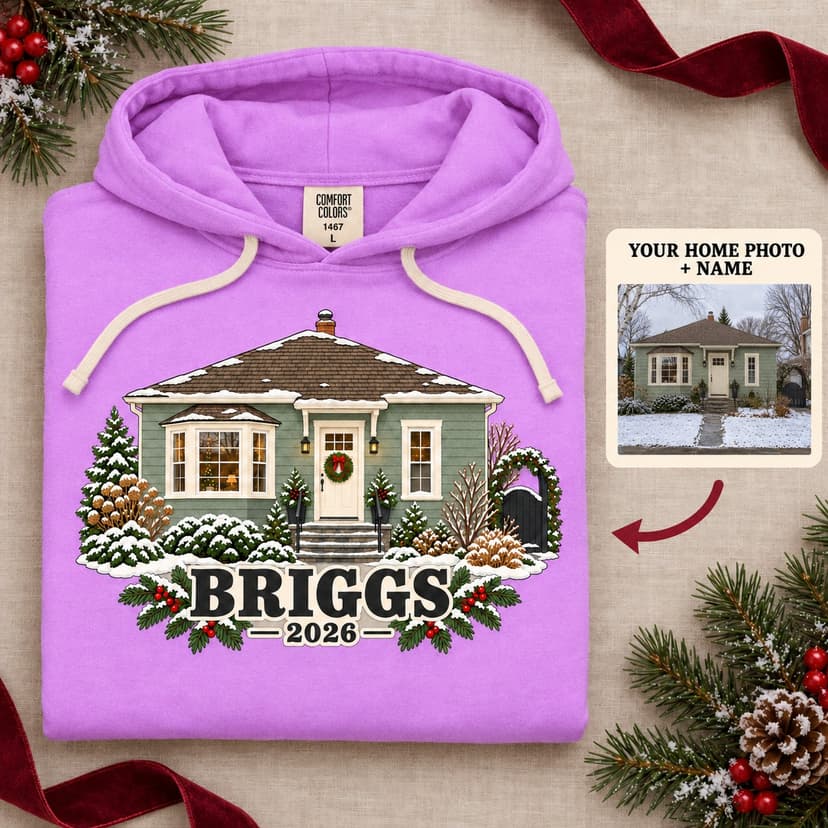 Personalized Christmas Home Portrait Hoodie, Custom Winter House Photo Gift