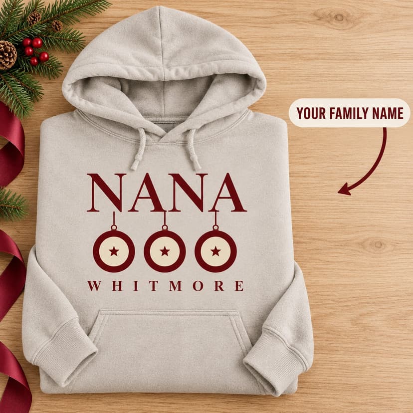 Personalized Christmas Ornament Trio Hoodie, Custom Grandparent Title and Family Name Gift