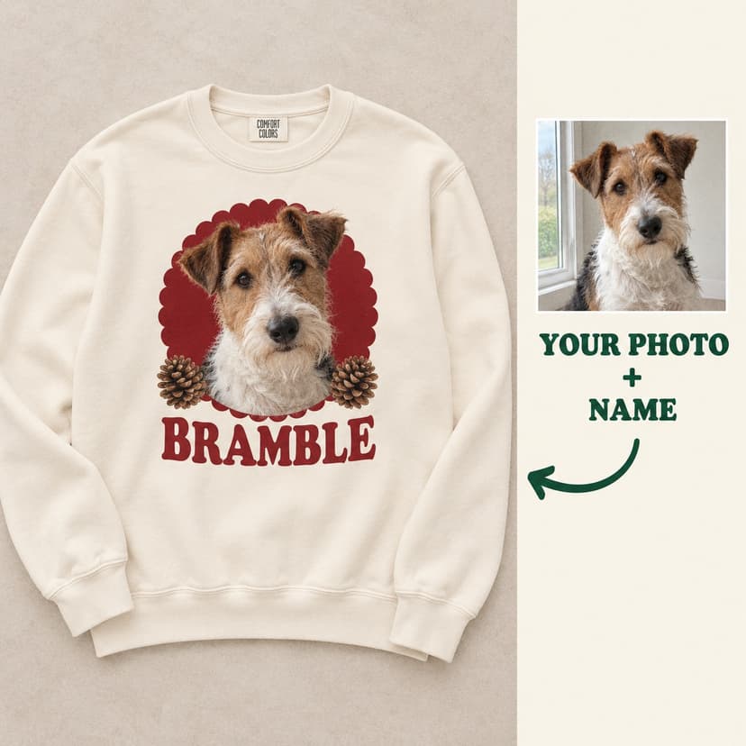 Personalized Christmas Pet Portrait Sweatshirt, Custom Pet Photo and Name, Red Scallop Holiday Gift