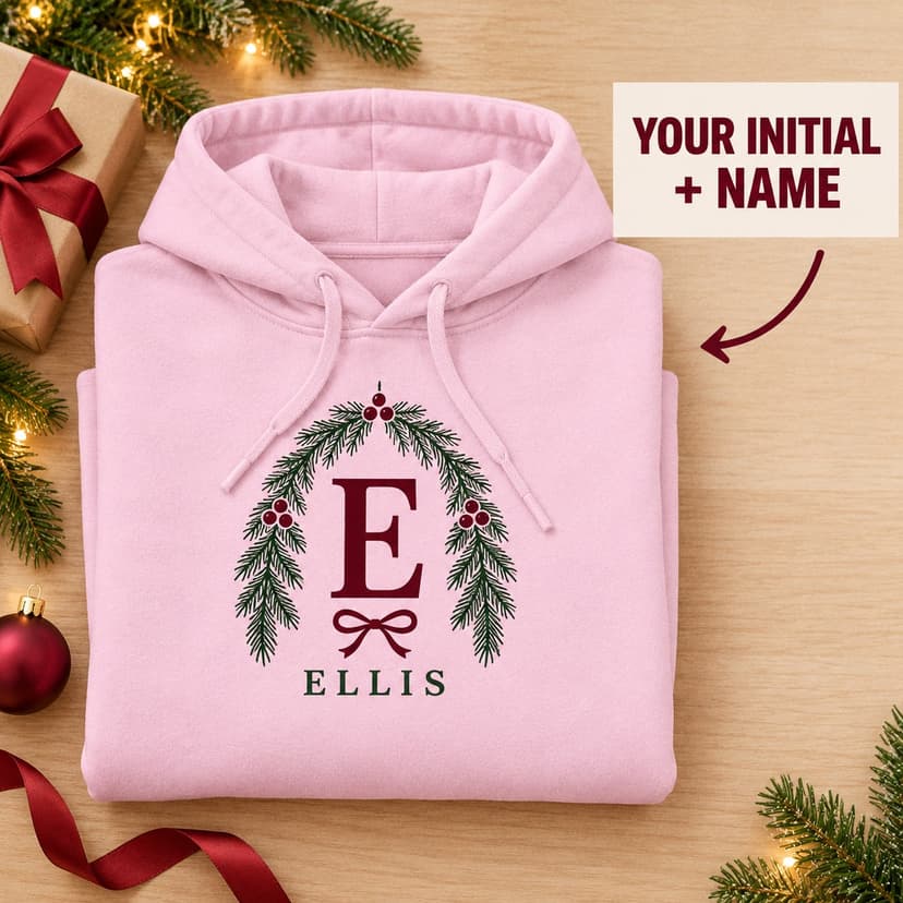 Personalized Christmas Spruce Arch Monogram Hoodie, Custom Initial and Name Botanical Gift