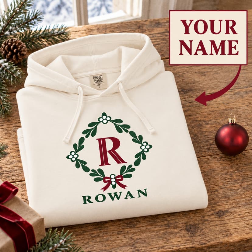 Personalized Christmas Mistletoe Diamond Monogram Hoodie, Custom Initial and Name Botanical Gift