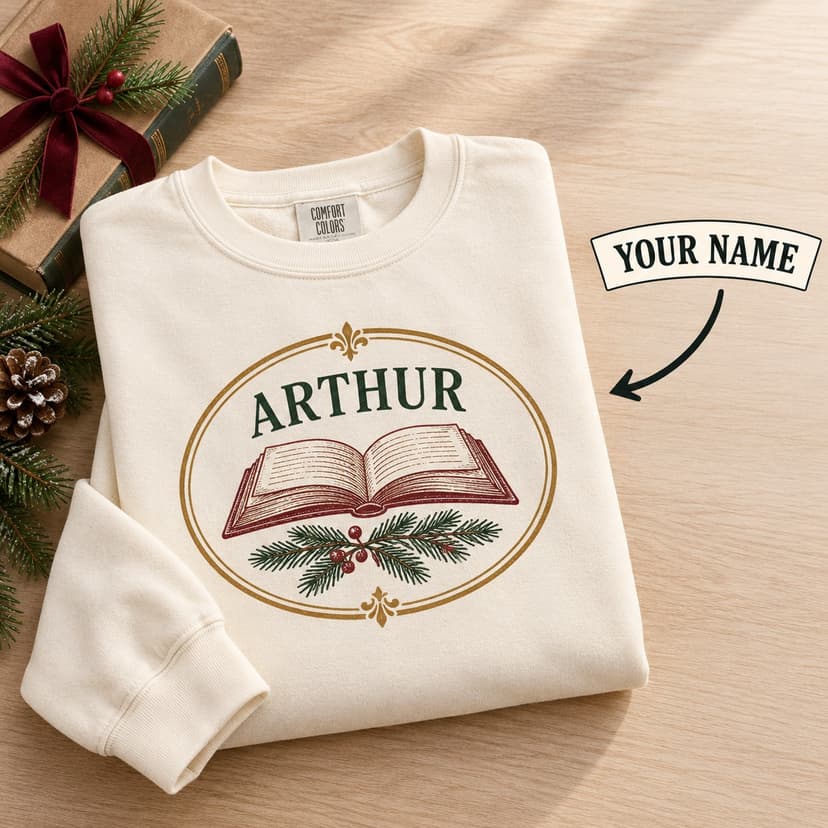 Personalized Christmas Book Lover Crewneck Sweatshirt with Custom Name, Winter bookplate oval Gift