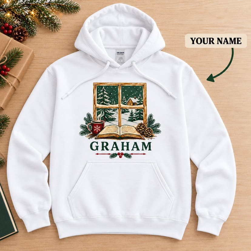 Personalized Christmas Book Lover Hoodie with Custom Name, Snowy reading window Gift