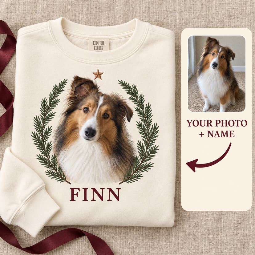 Personalized Christmas Pet Portrait Sweatshirt, Custom Pet Photo and Name, Fir Medallion Holiday Gift