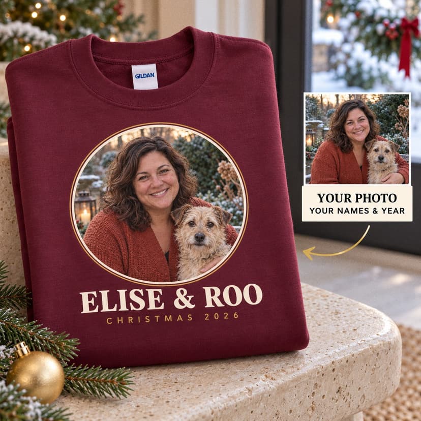 Personalized Pet and Owner Christmas Photo Sweatshirt, Custom Portrait and Names Gift