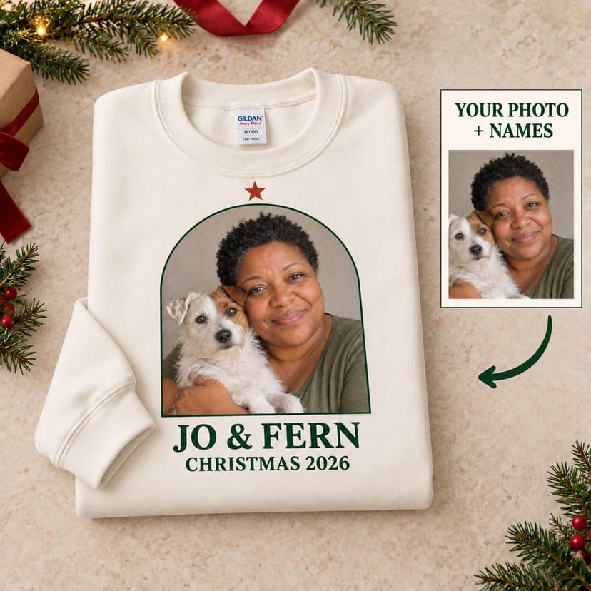 Personalized Pet and Owner Christmas Photo Sweatshirt, Custom Portrait and Names Gift