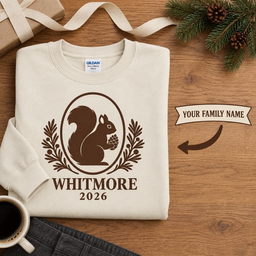 Personalized Christmas Squirrel and Pinecone Sweatshirt, Family Name and Year Woodland Crest Gift