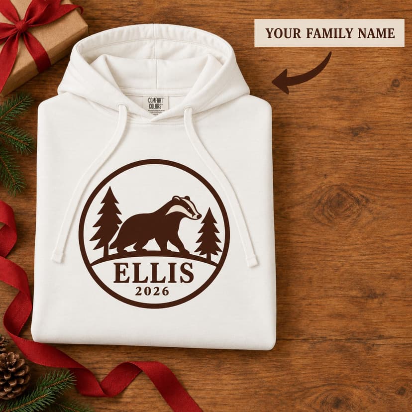 Personalized Christmas Badger Family Hoodie, Custom Surname and Year, Comfort Colors 1467 Woodland Crest Gift