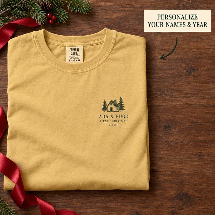 Personalized First Christmas T-Shirt, Winter Cottage Marriage Keepsake, Newlywed Couple Names and Year Gift