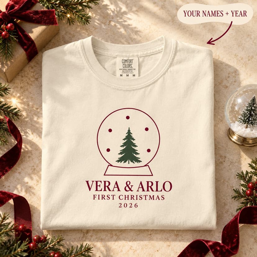 Personalized Snow Globe First Christmas Shirt, Couple Names and Year, Newlywed Holiday Gift, Comfort Colors 1717
