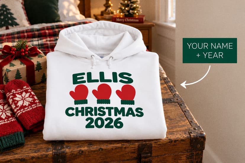 Personalized Family Christmas Mitten Hoodie, Custom Surname and Year, Siblings Reunion Gift, Gildan 18500