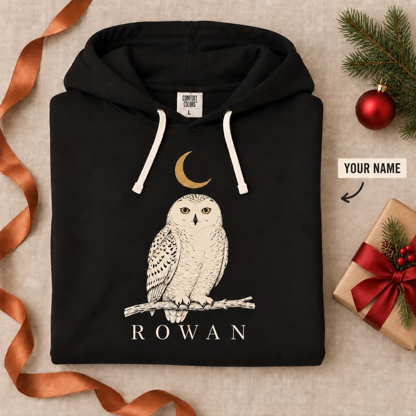 Personalized Christmas Owl Hoodie, Custom Name Winter Wildlife Gift