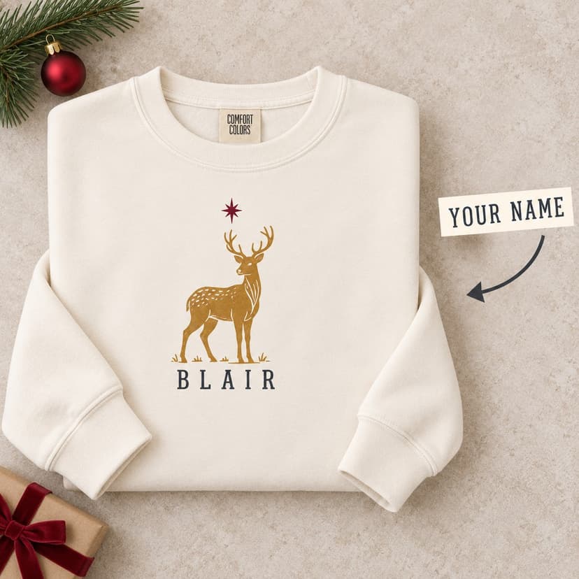 Personalized Christmas Deer Sweatshirt, Custom Name Winter Wildlife Gift
