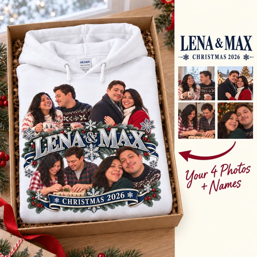 Personalized Christmas Couple Photo Collage Hoodie, Custom Names Holiday Gift