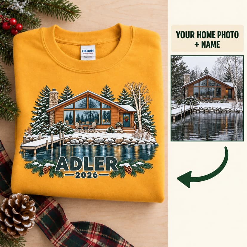 Personalized Christmas Home Portrait Sweatshirt, Custom Winter House Photo Gift