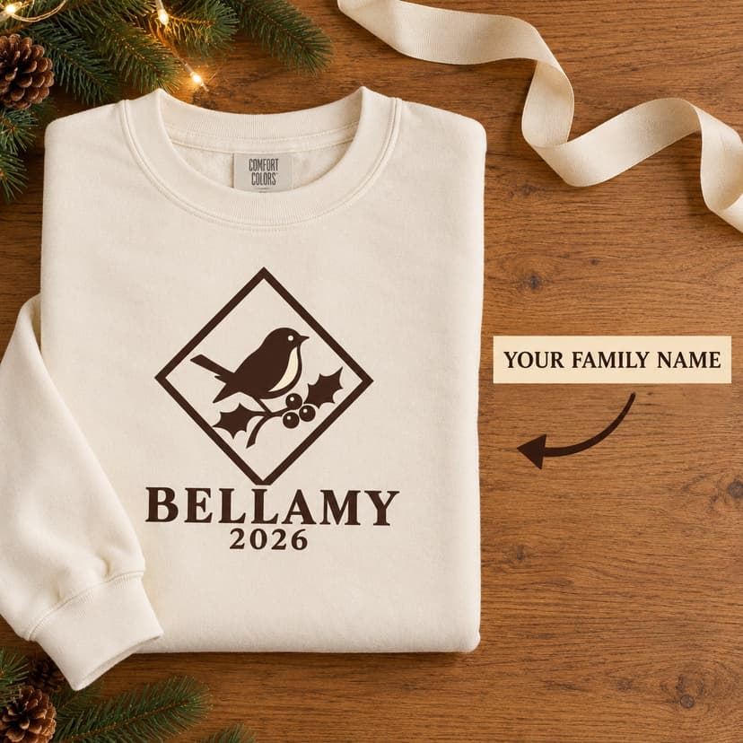 Personalized Christmas Robin and Holly Sweatshirt, Family Name and Year Woodland Crest Gift