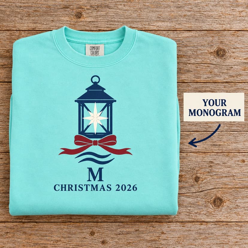 Personalized Coastal Christmas Sweatshirt, Harbor lantern monogram, Custom Holiday Gift
