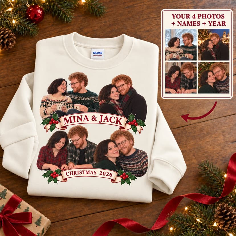 Personalized Christmas Couple Photo Collage Crewneck Sweatshirt, Custom Names Holiday Gift