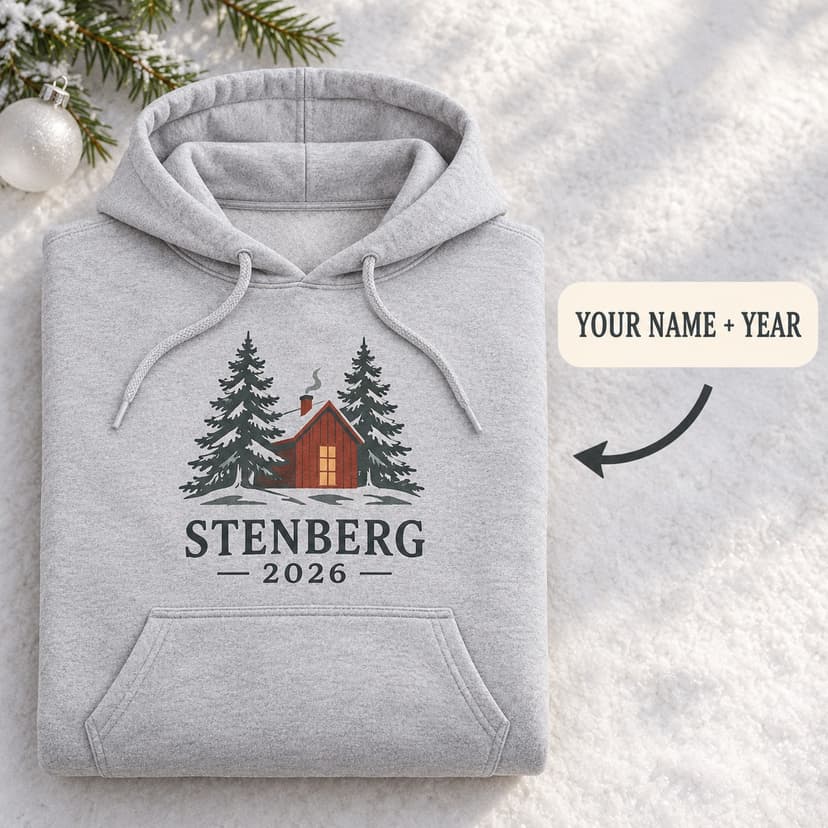 Personalized Nordic Cabin Christmas Hoodie, Custom Family Name Winter Forest Gift