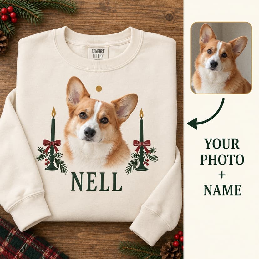 Personalized Christmas Pet Portrait Sweatshirt, Custom Pet Photo and Name, Candlelight Frame Holiday Gift