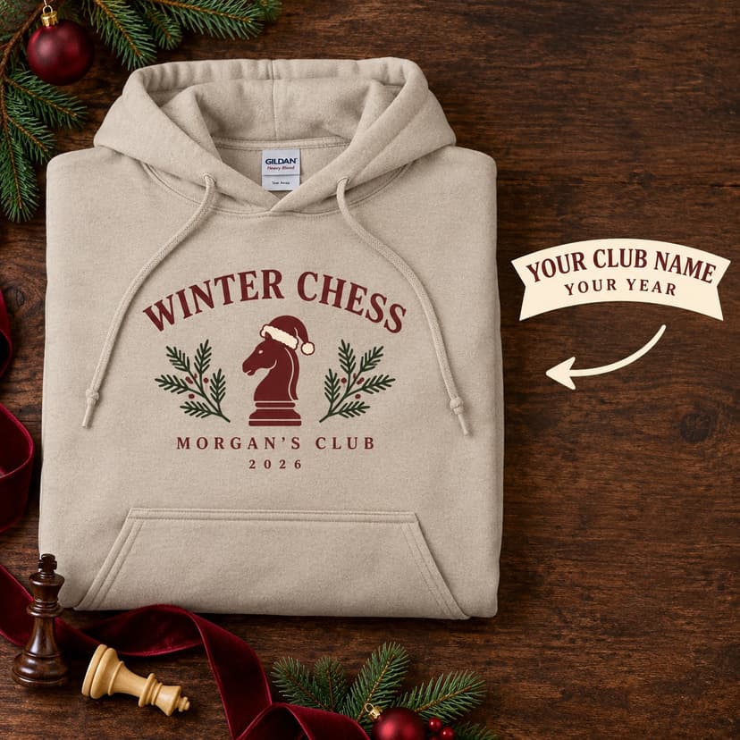 Personalized Christmas Chess Club Hoodie, Custom Club Name and Year, Festive Knight Gift