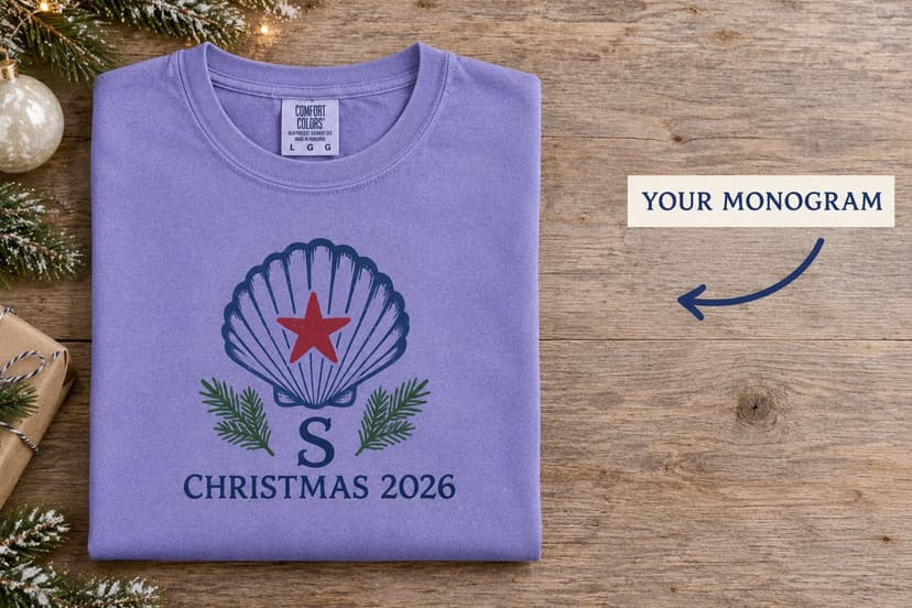 Personalized Coastal Christmas T-Shirt, Seashell Christmas monogram, Custom Holiday Gift