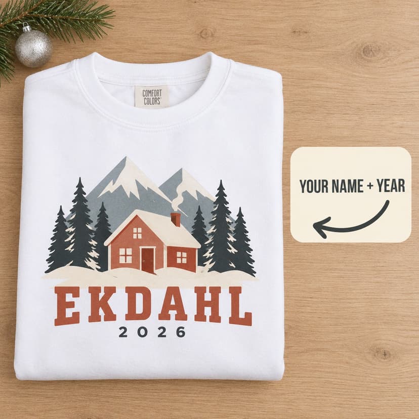 Personalized Nordic Cabin Christmas Sweatshirt, Custom Family Name Winter Forest Gift
