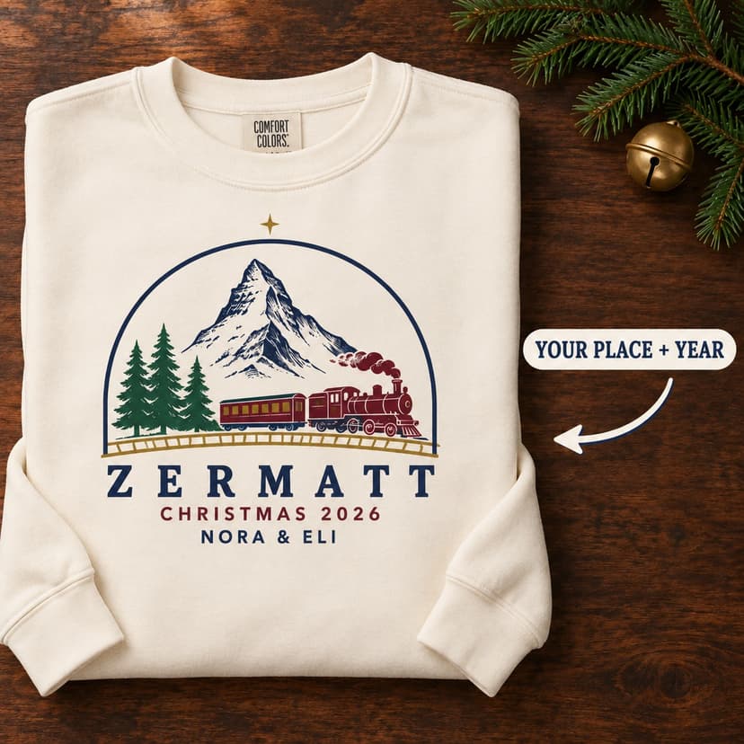 Personalized Christmas Travel Sweatshirt, Custom Alpine Destination Year and Names, Comfort Colors Crewneck