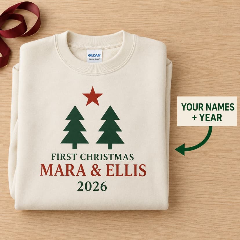 Personalized First Christmas Sweatshirt, Twin Evergreen Couple Names and Year, Newlywed Holiday Gift