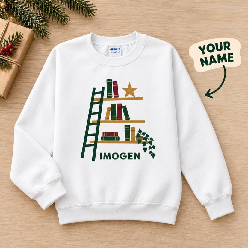 Personalized Christmas Book Lover Crewneck Sweatshirt with Custom Name, Festive library ladder Gift