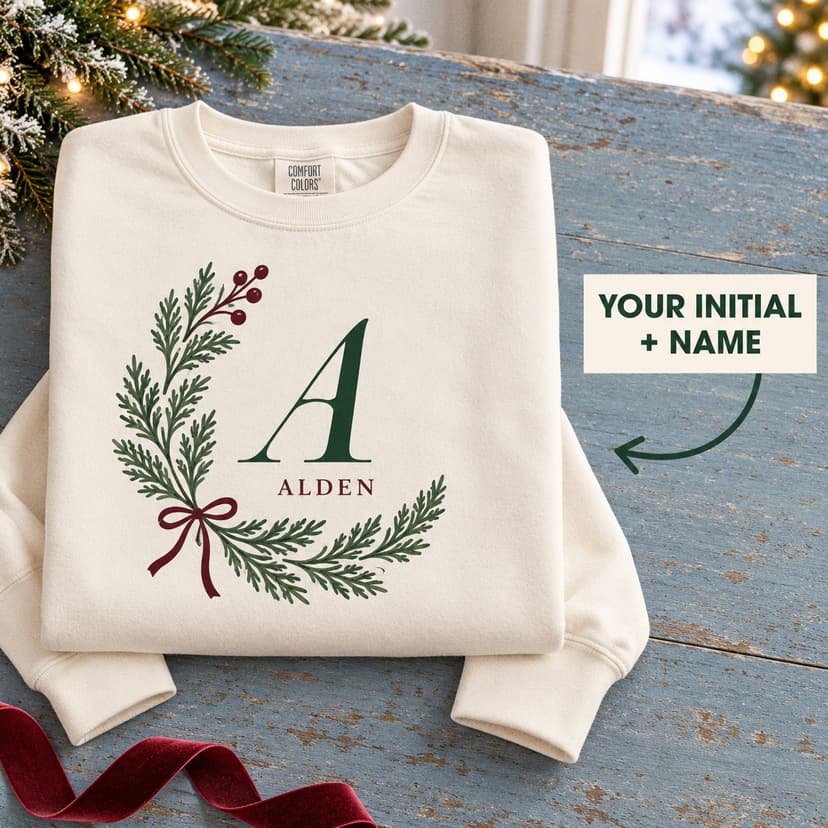 Personalized Christmas Cedar Crescent Monogram Sweatshirt, Custom Initial and Name Botanical Gift
