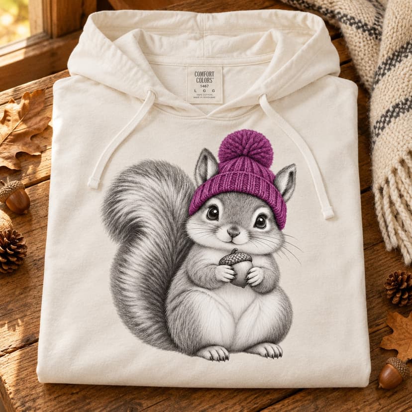 Cute Squirrel Hooded Tee, Purple Beanie Woodland Animal Graphic, Comfort Colors 1467 Pocketless Cotton Hoodie