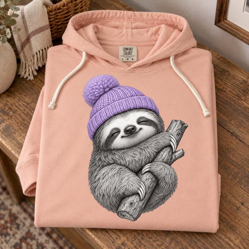 Cute Sleepy Sloth Hooded Tee with Lavender Beanie, Pocketless Comfort Colors 1467 Jersey Hoodie, Animal Lover Gift