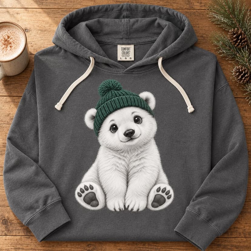 Cute Polar Bear Cub Hooded Tee, Forest Green Knit Beanie Animal Art, Comfort Colors 1467, Cozy Nature Lover Gift